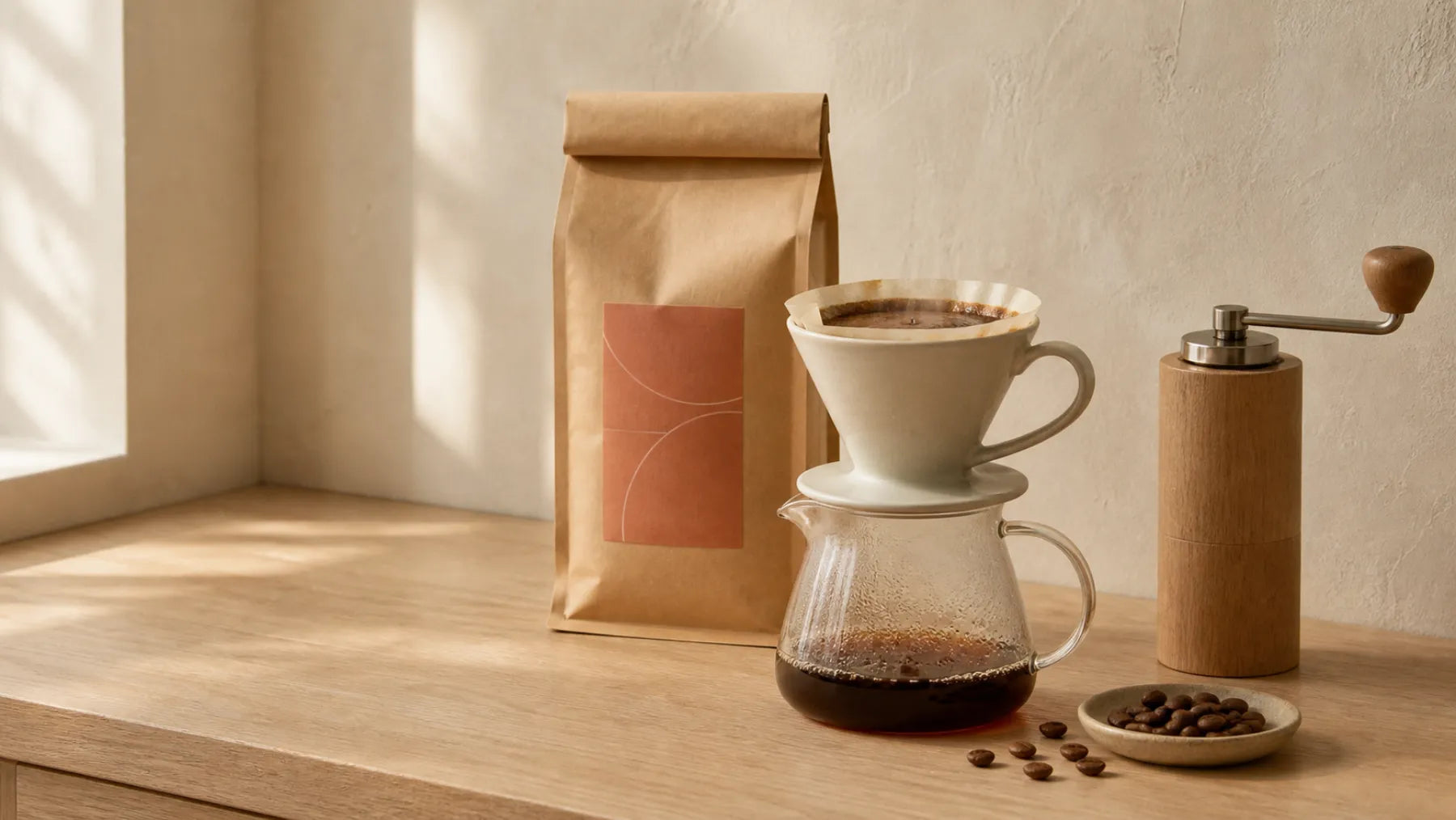 A pour-over brewing beside a bag of MERIDIAN coffee